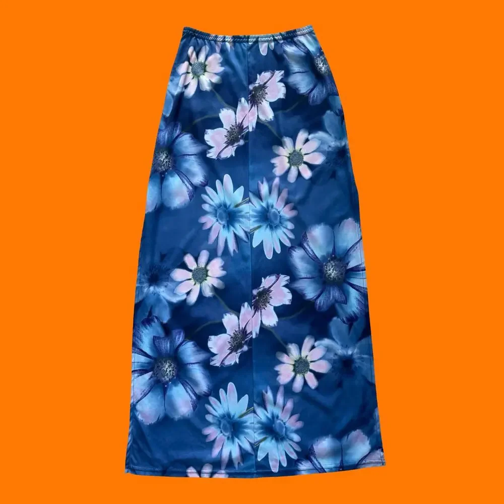 90's vintage daisy floral fairy rave high slit bodycon maxi skirt XS